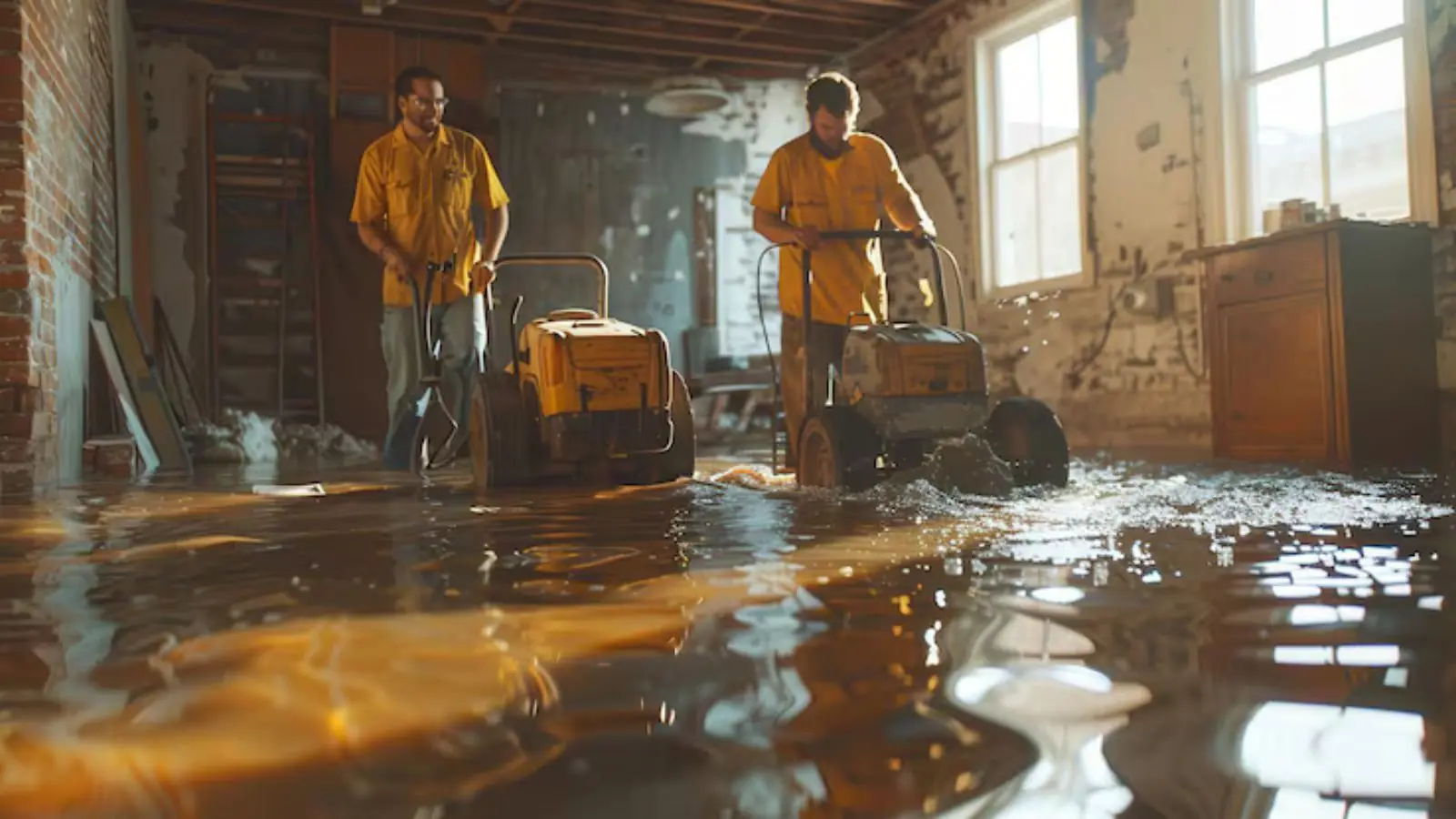 Two technicians working through a water-damaged room with extraction equipment