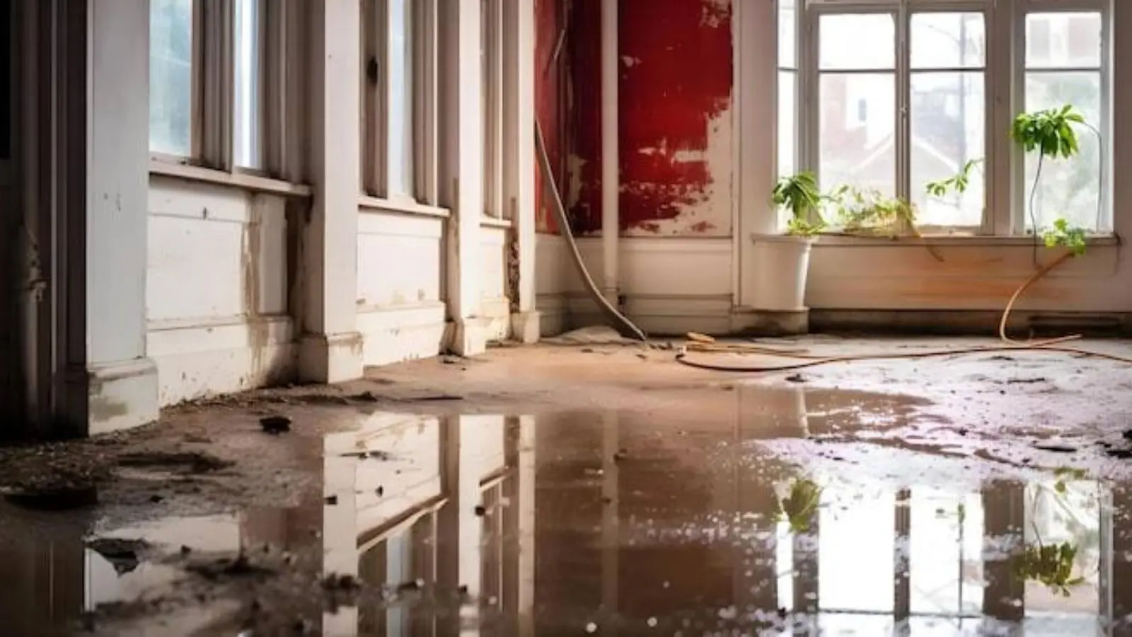 Hallway and living space with a wet, muddy floor after a water loss