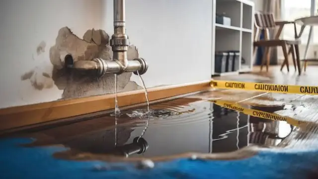 Burst pipe spraying water onto the floor with caution tape in place
