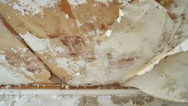 Water-stained ceiling with peeling plaster and paint