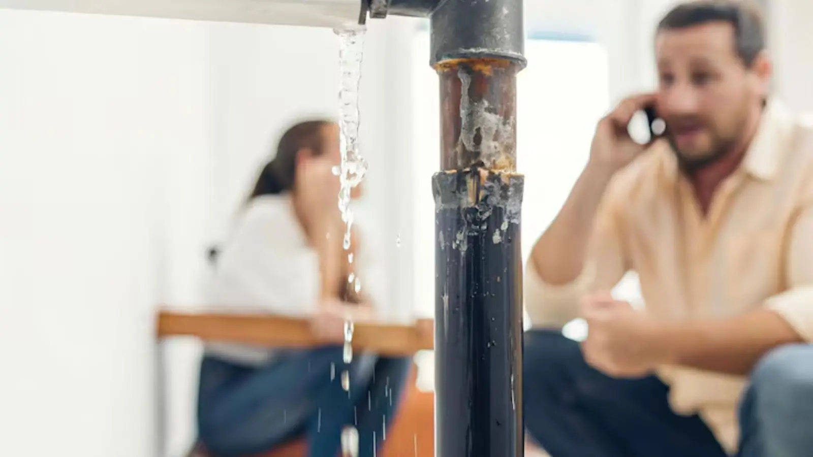 Two people on a phone call beside a leaking pipe in a kitchen