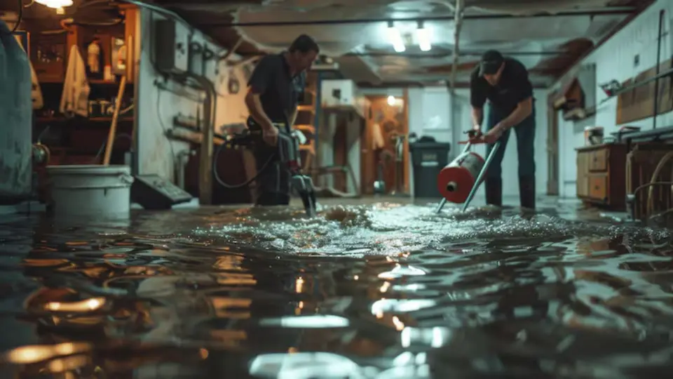 Two workers pumping out standing water in a basement