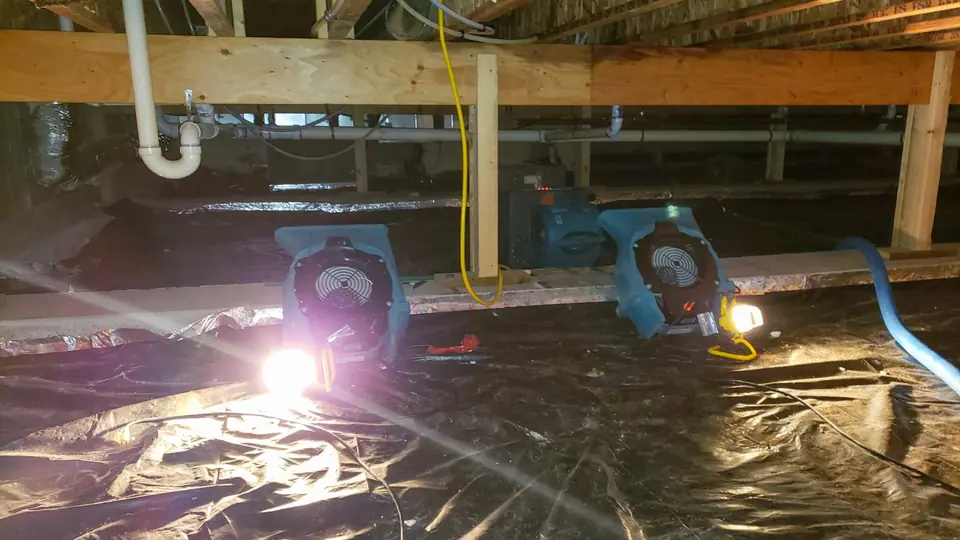 Air movers drying under a floor in a crawl space over plastic sheeting