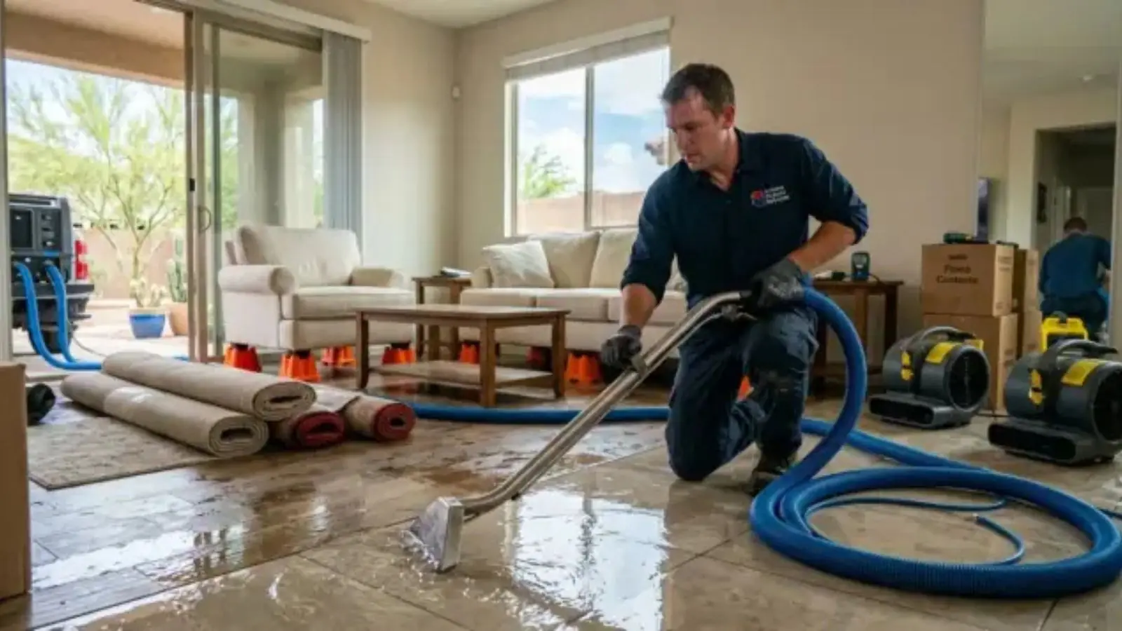 Technician using a water extraction hose in a living room with air movers running