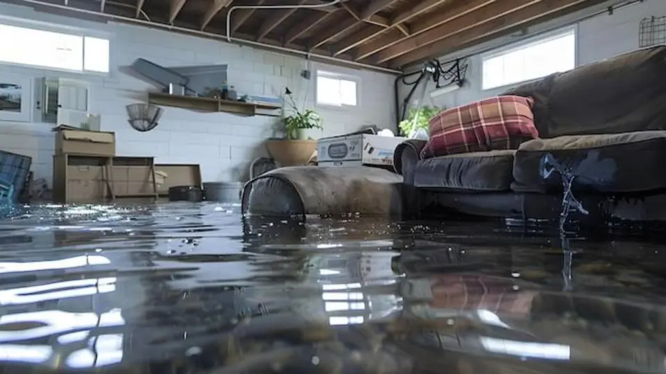 Finished basement with a couch standing in floodwater