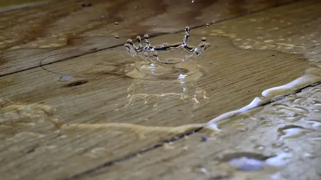 Water pooling on a wood plank floor
