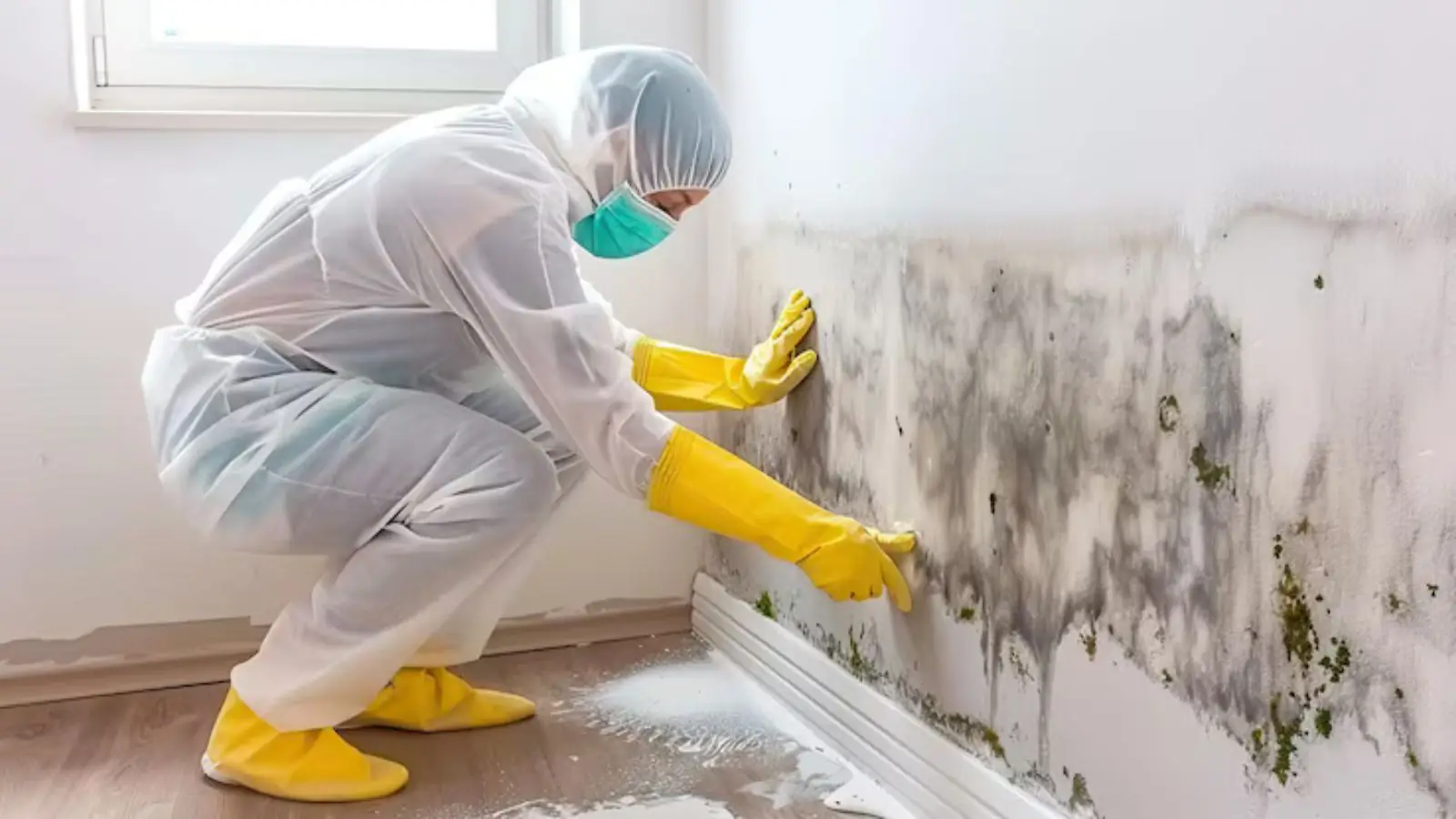 Technician in protective gear wiping mold from a wall above the baseboard