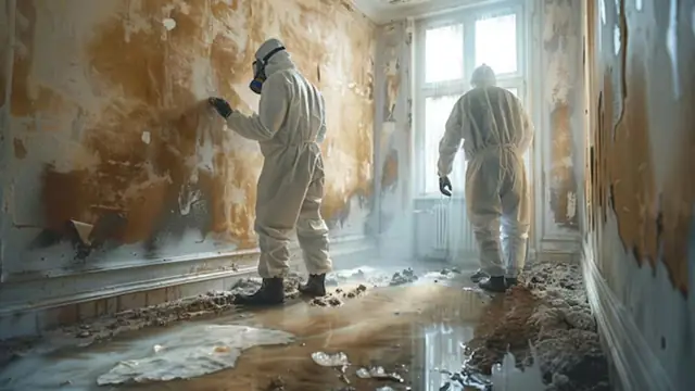 Two workers in protective suits inspecting a wet, mold-stained room