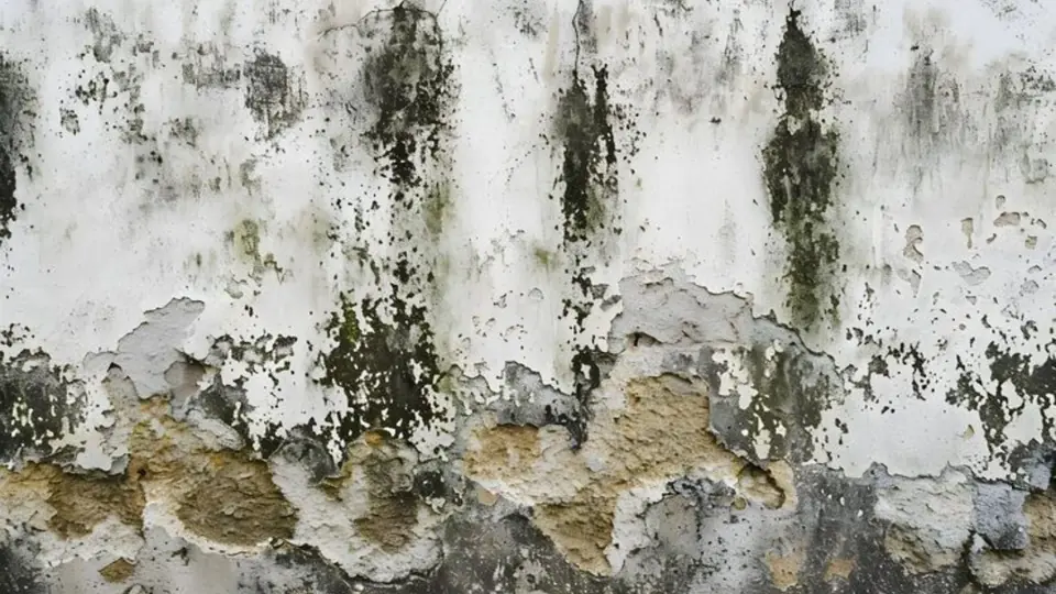 Wall covered in dark mold growth and peeling paint