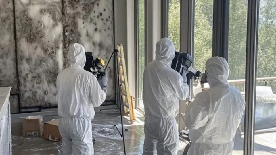 Team in protective suits documenting mold on a wall before cleanup