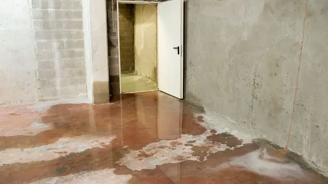 Concrete basement with water staining on the floor and walls