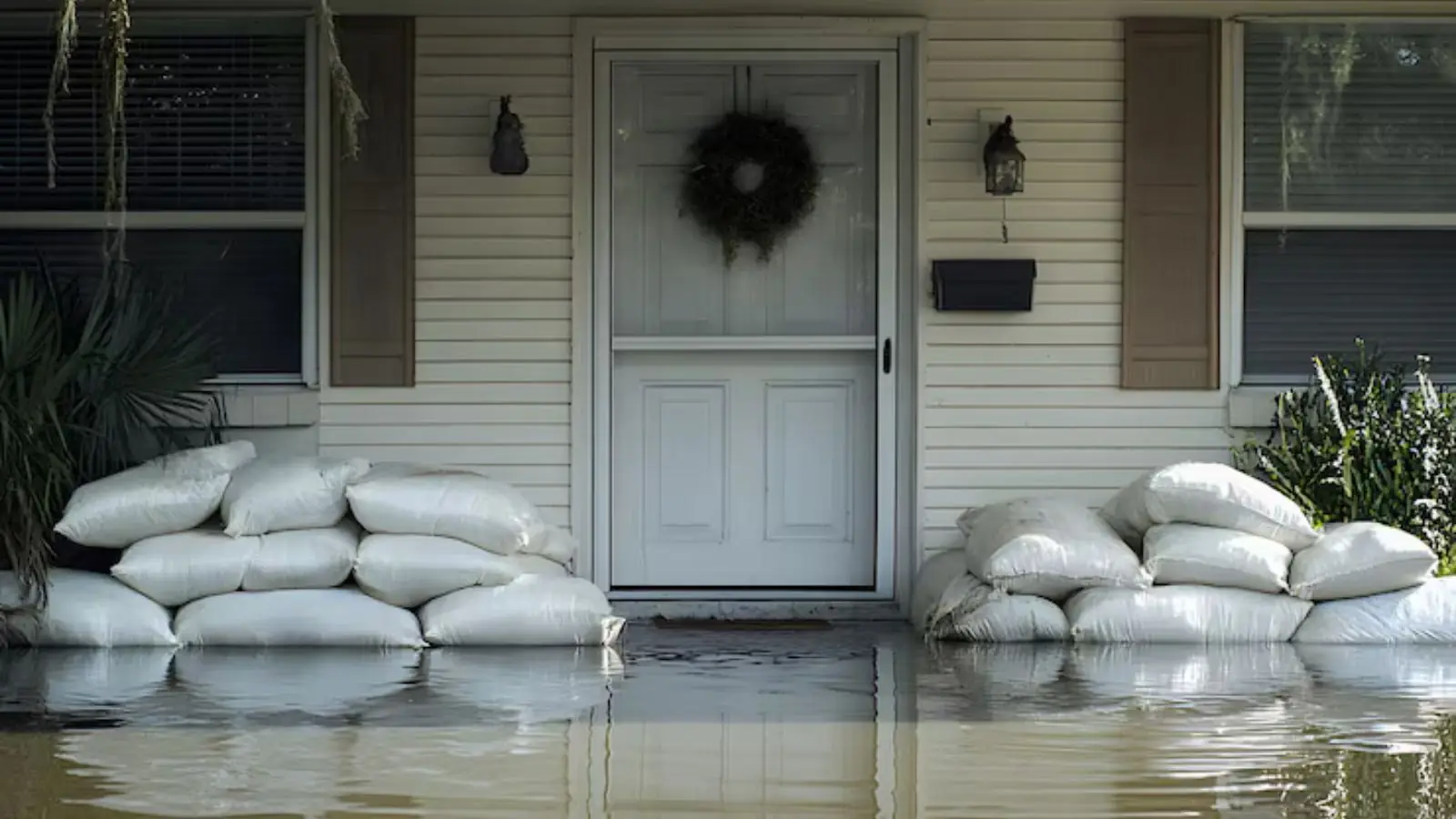 Sandbags stacked at the front door of a house with water rising on the porch