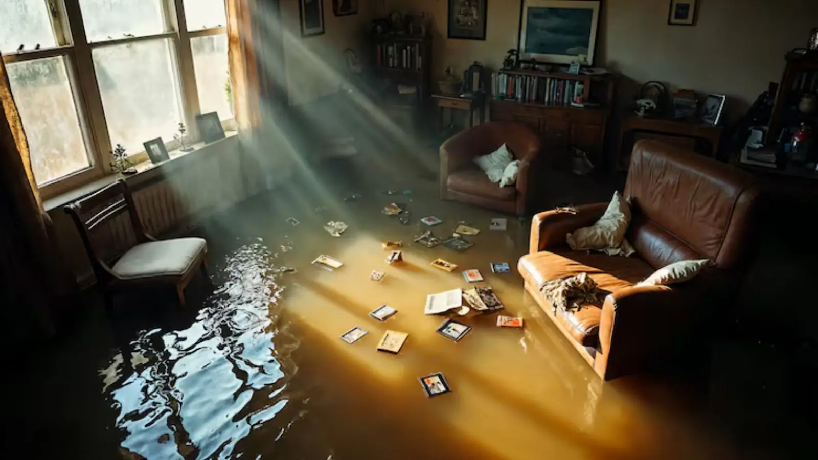 Flooded living room with scattered belongings and water across the floor
