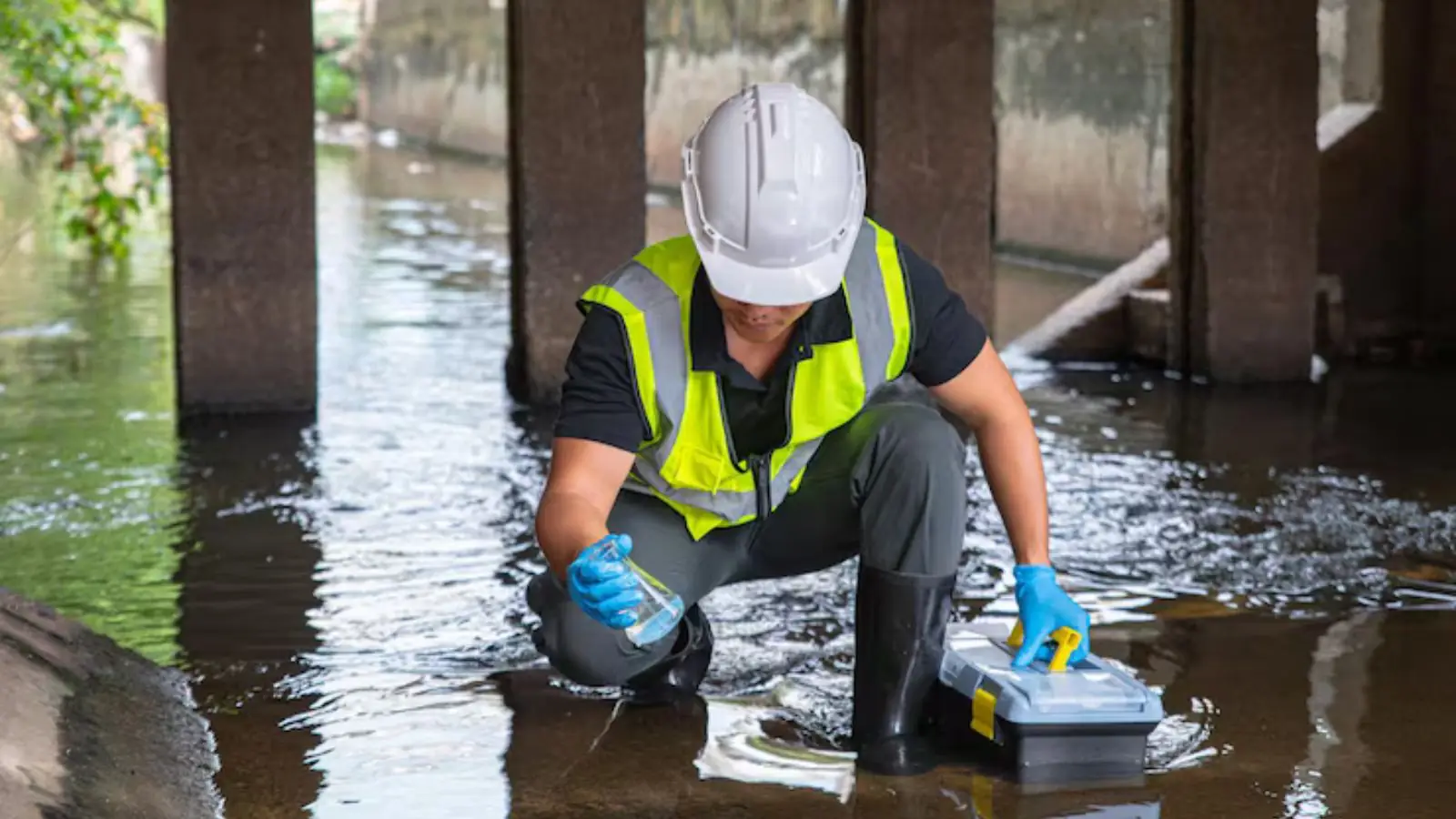 Assessor in a hard hat checking a flooded space with a moisture kit