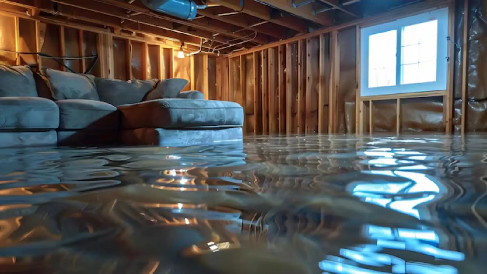 Basement with open wall framing and water across the floor