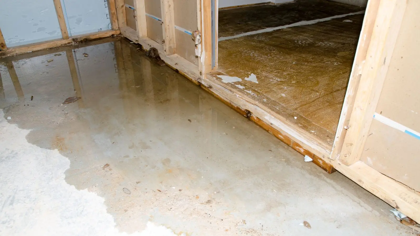 Wet floor and opened wall framing after water entered a lower level