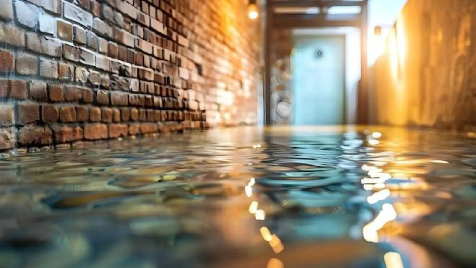 Brick wall and floor covered in standing water in an older building