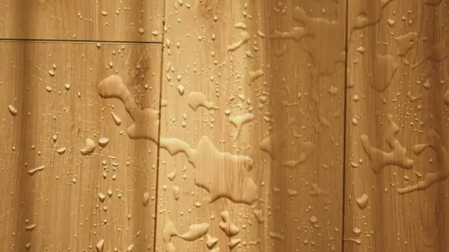 Water beads on a wood floor after a leak