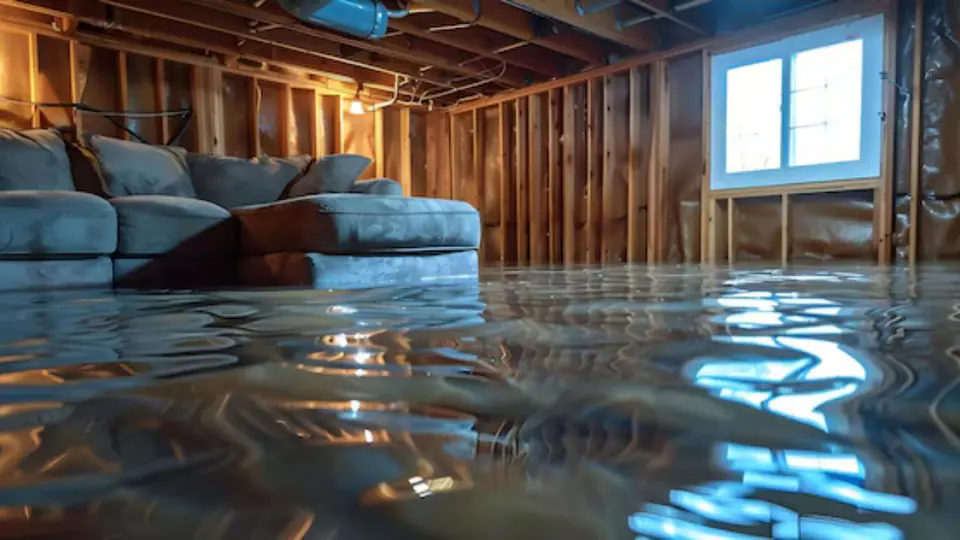 Basement living area with exposed wall studs and water across the floor