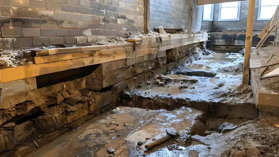 Basement with open framing and wet debris along the base of the wall